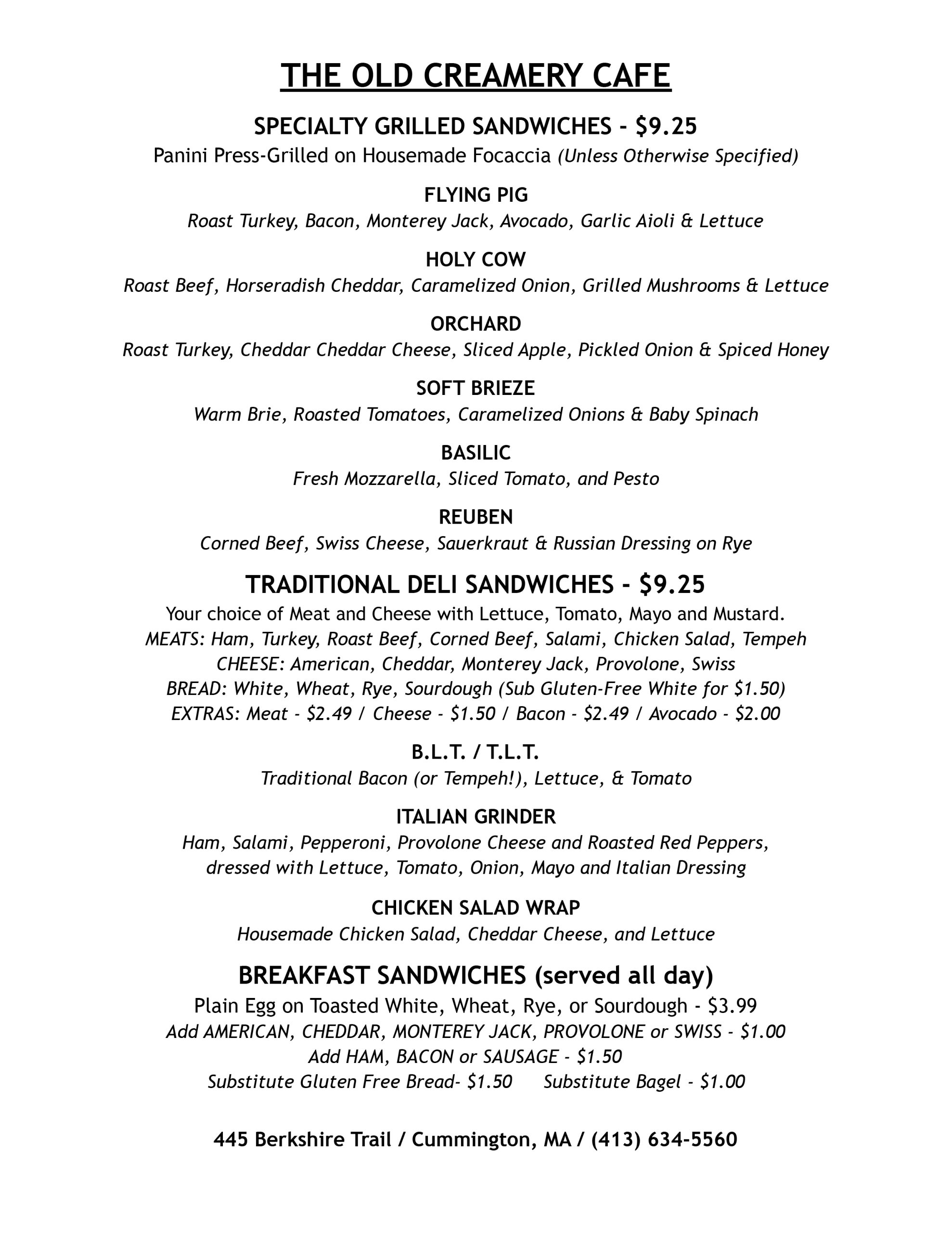 Cafe Menu Old Creamery Coop