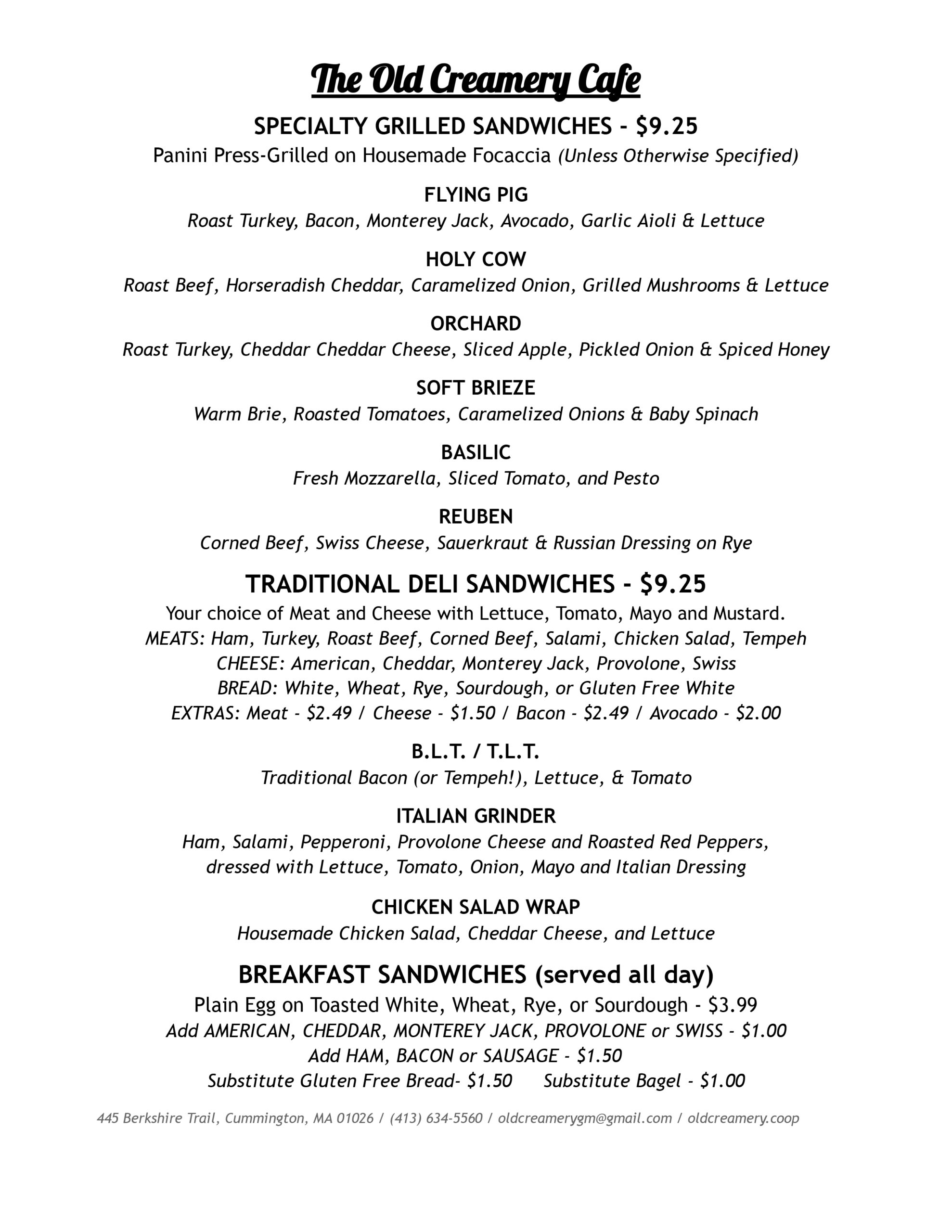 Cafe Menu Old Creamery Coop